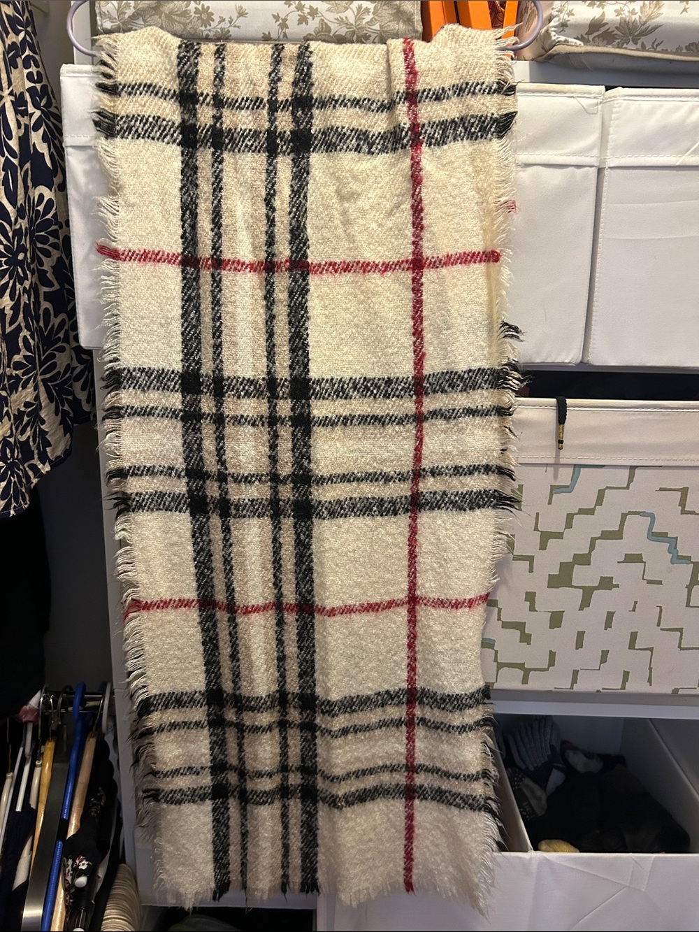 Cream Plaid Fringe Scarf with Black and Red Check
